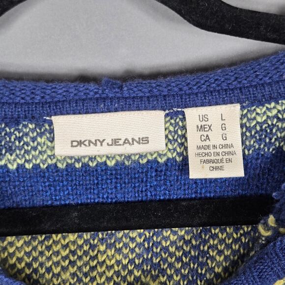 DKNY Jeans Sweater Womens L Blue Wool Blend Hooded Henley Geometric Knit Y2K VTG - Picture 4 of 9